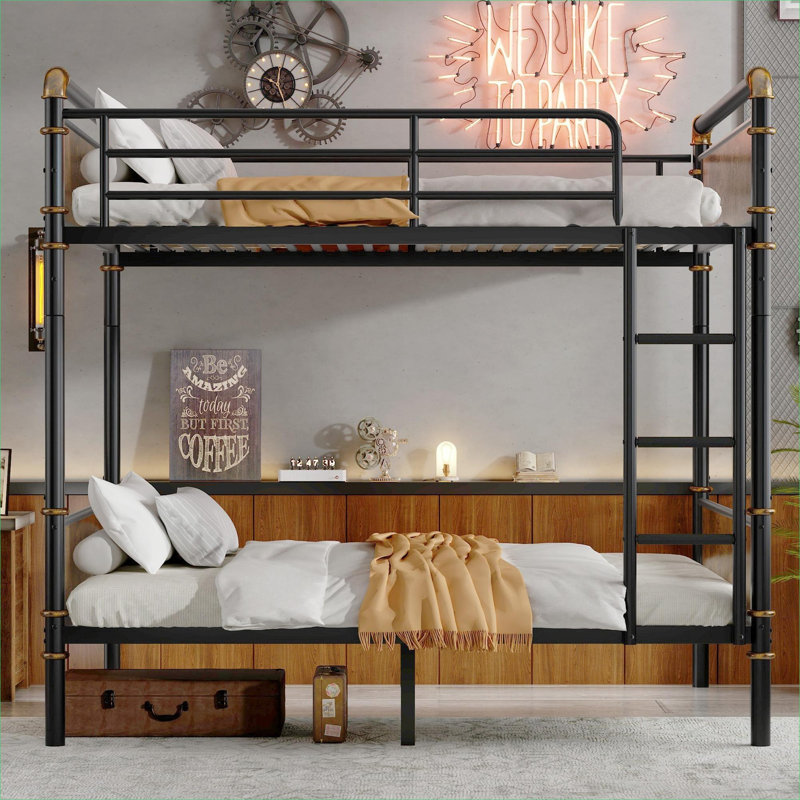 Metal Black-Toned Convertible Twin XL Over Twin XL Detachable Bunk Bed with Safety Guard Rails for Teens Bedrooms and Dormitories