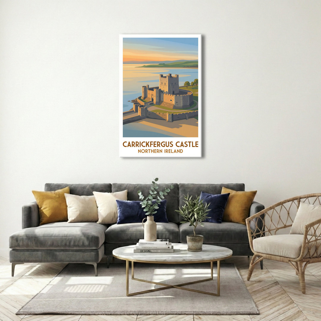 Carrickfergus Castle, Northern Ireland - Romantic Coastal Castle Travel Poster. Giclee Print on Wrapped Canvas. Wall Art, Home Decor - Castles & Palac