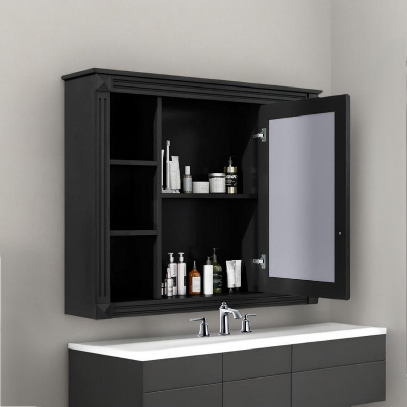 Armoire de rangement murale 35 po x 28 po avec miroir et 6 tablettes ouvertes