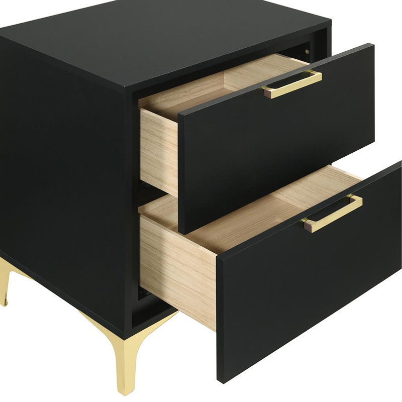 Table de chevet rectangulaire noire et dorée à 2 tiroirs, Noir