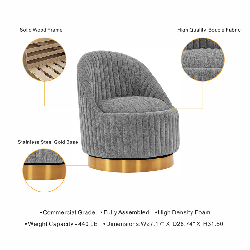 Gray Boucle Upholstered Swivel Accent Chair with Gold Base