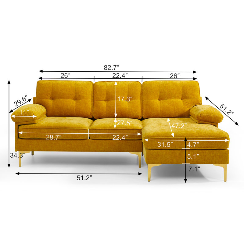Canapé modulaire capitonné en bois massif de 82,7 po Tylisha, poids maximal de 1 000 lb, Or, Chenille jaune