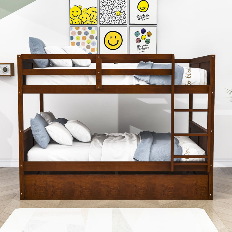 Eviee Full Over Full Wood Bunk Bed with Trundle, Walnut