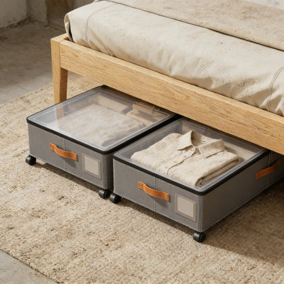 Contenant de rangement sous le lit avec roulettes et couvercles transparents, organisateur à roulettes de grande capacité pour vêtements, chaussures, couvertures, hauteur réglable, tissu durable et structure en métal