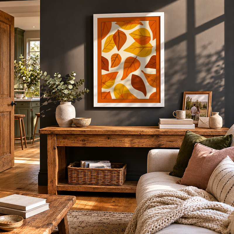 Autumn Leaves Pattern Botanical - Framed Print, A2 - 59.4 x 42.0 cm, White