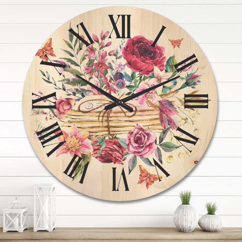 Horloge murale en bois avec lettres et fleurs sauvages, Grand