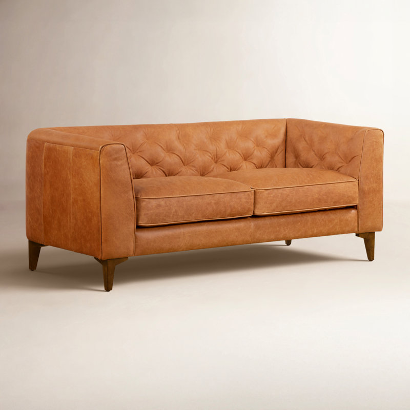 Canapé à accoudoirs carrés en cuir véritable 74 po Essex, Brun clair cognac