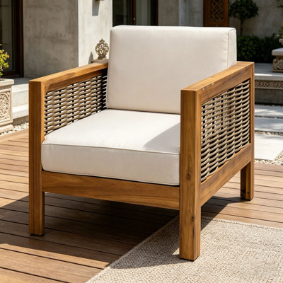 Outdoor Acacia Wood Club Chair with Wicker Accents