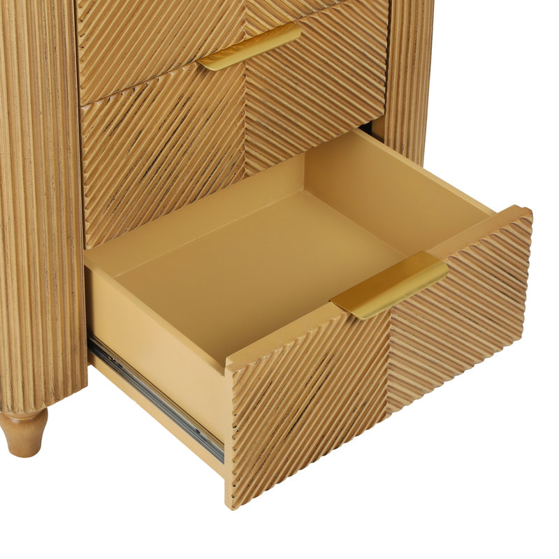 Emerson Fluted Wooden Nightstand With 3 Drawers & Gold Handles, Natural