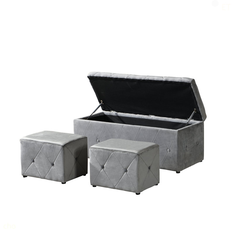1 Piece Rectangular Storage Ottoman Short Velvet With 2 Set Ottomans (Light Gray), Light Gray