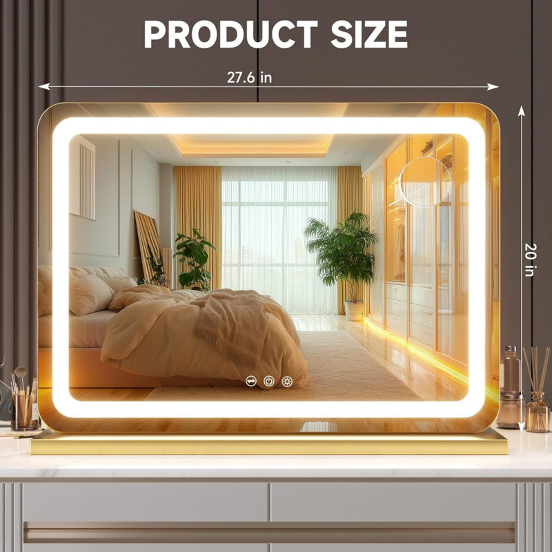 27.6" X 20" Round LED Lighted Makeup Vanity Mirror With Dimmable 3 Colour Modes, Touch Screen Control, Wall Mounted Or Tabletop, Gold Finish