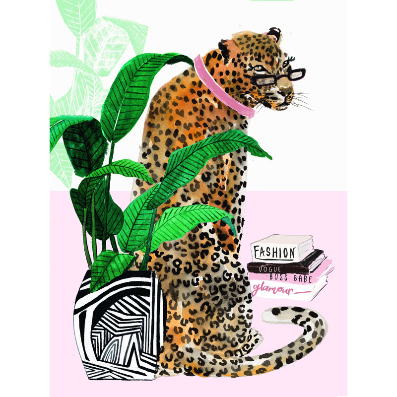 Glam Cheetah avec plante et livres - impression sur toile tendue, H 16 po x l 12 po