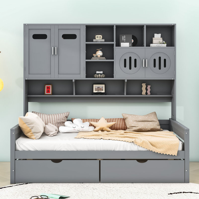 Lit de jour en bois 2 tiroirs avec tablettes, Gris, Lit double