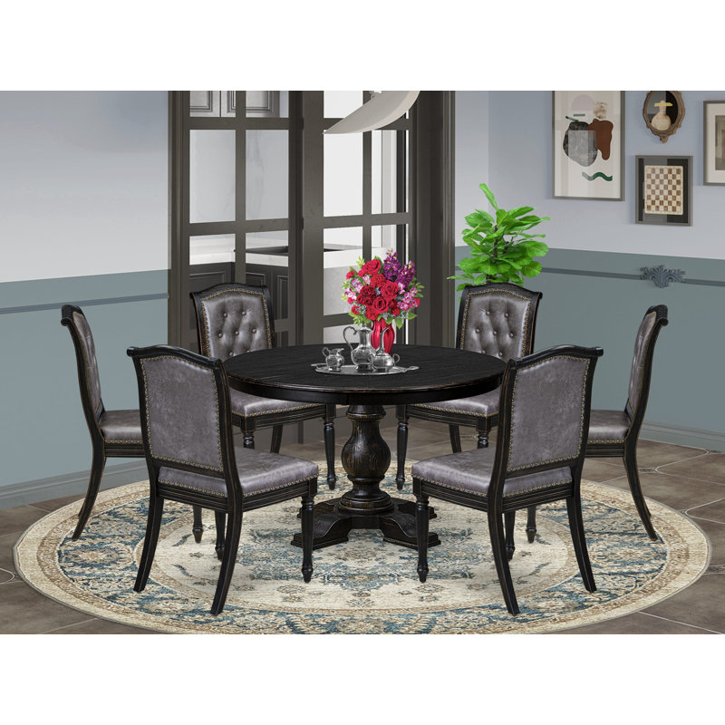 Cet ensemble de table de salle à manger moderne 7 pièces comprend une table de salle à manger et 6 chaises modernes en tissu de polyester gris foncé avec dossier capitonné - Noir sablé
