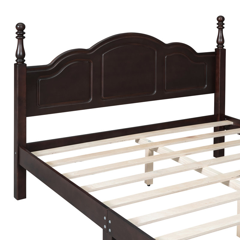 Grand lit plateforme en bois rétro, finition noyer foncé, lattes en bois, solide et stable, facile à assembler, sans sommier avec support, et stable, installation, non requise