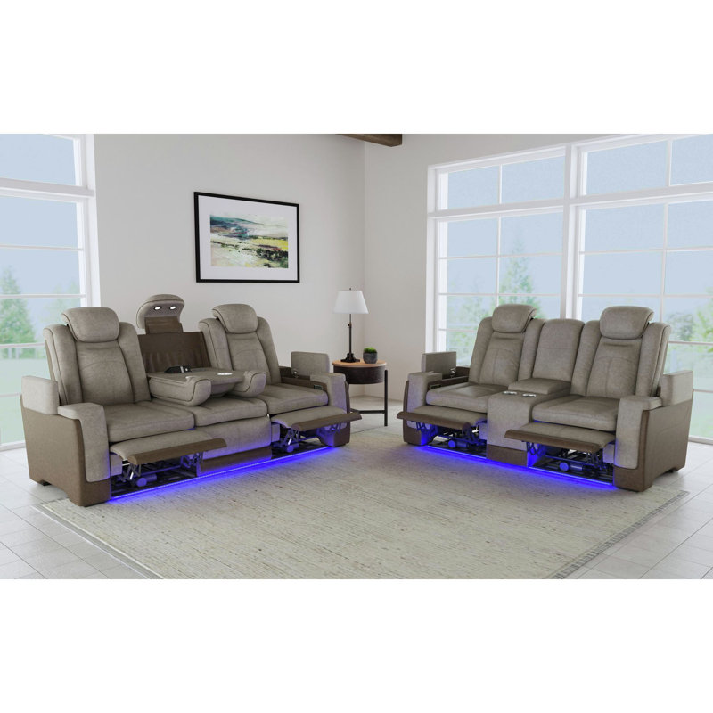 Ivy Bronx Taionna Power Motion Loveseat with Power Headrest, Led, and Console in Rocky Grey/Brown