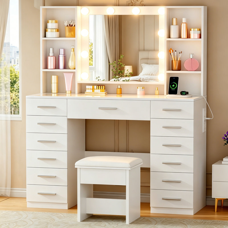 Adriel 43.3" Makeup Vanity With Mirror & Lights, Power Outlet, 13 Drawers & 7 Shelves, Glass Top and Cushioned Stool, Silver