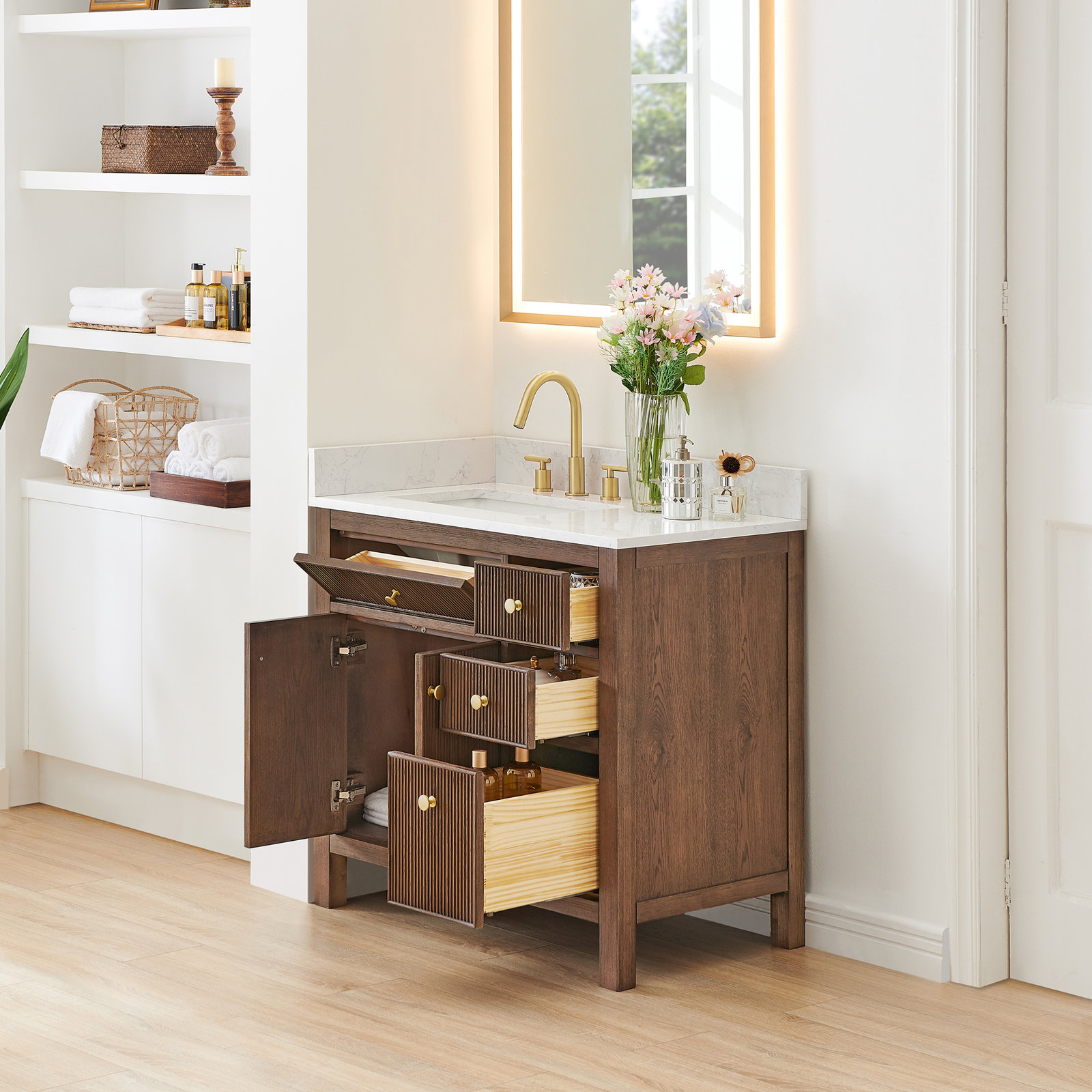 Lala 36" Single Bathroom Vanity, Brown Brushed Oak