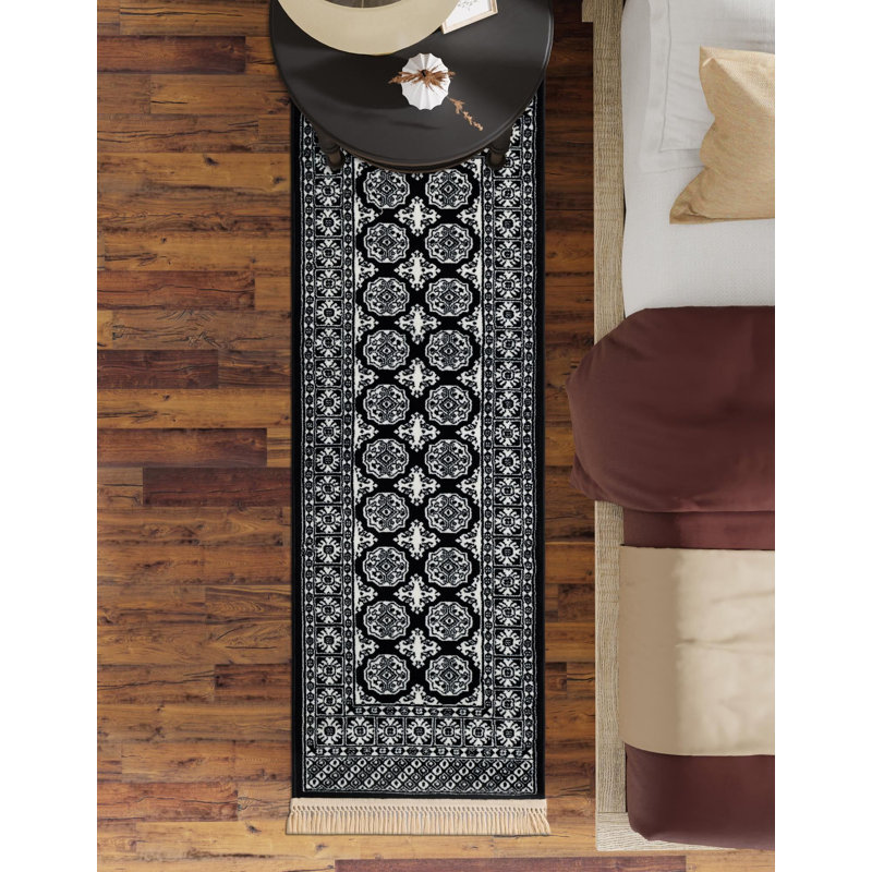 Tapis traditionnel Hinshaw noir et blanc, Tapis de couloir 2 pi x 8 pi
