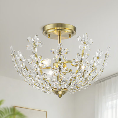 Plafonnier semi-encastré moderne à 3 lumières en cristal clair à pétales de fleurs de 17,13 po Kuol