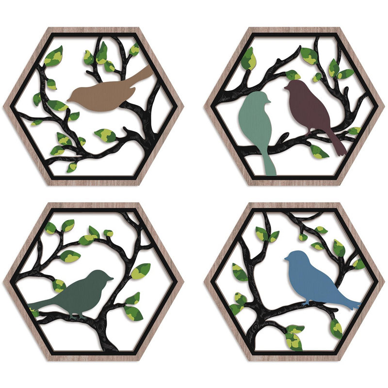 Wooden Bird Wall Art 4 Pcs