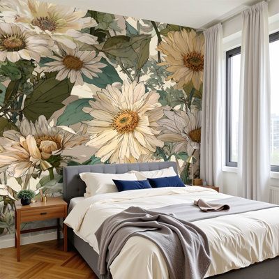 Papier peint à peler et coller rétro avec fleurs sauvages en aquarelle sépia 100 po H 100 po x l 144 po papier adhésif amovible en PVC pour décoration de maison de campagne