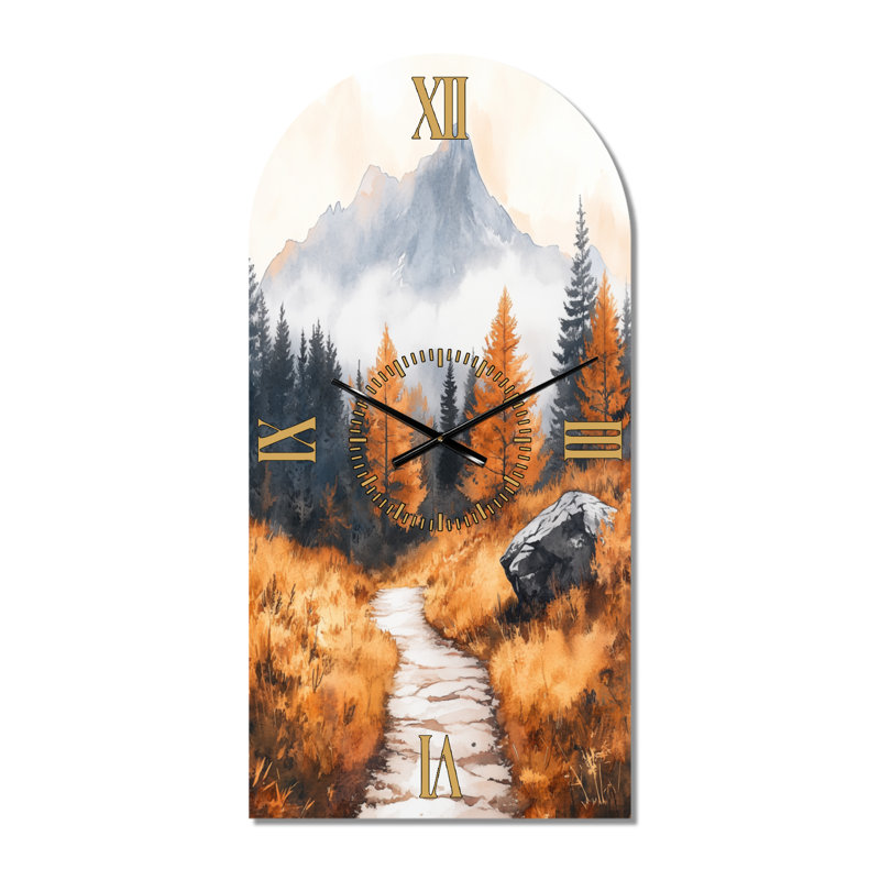 Randonnée d'automne en forêt de montagne - Horloge murale rustique en métal arqué, H 39 po x l 19 po - Arche