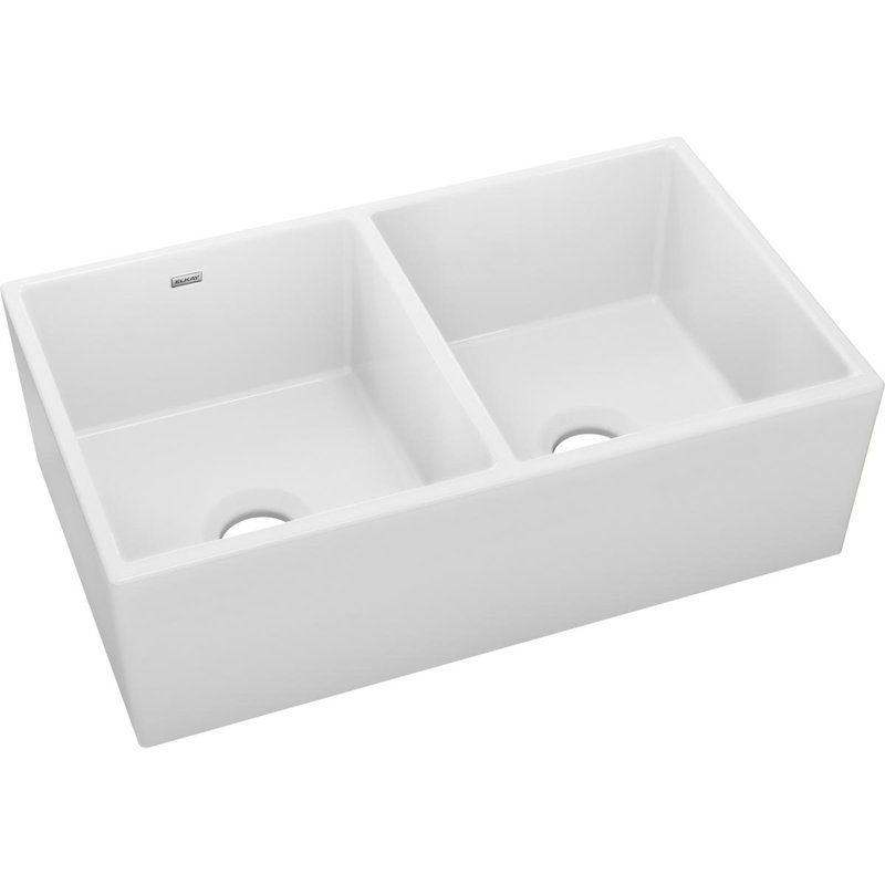 Elkay Fireclay 33" L x 20" W Double Basin Farmhouse Kitchen Sink, White (Gloss)