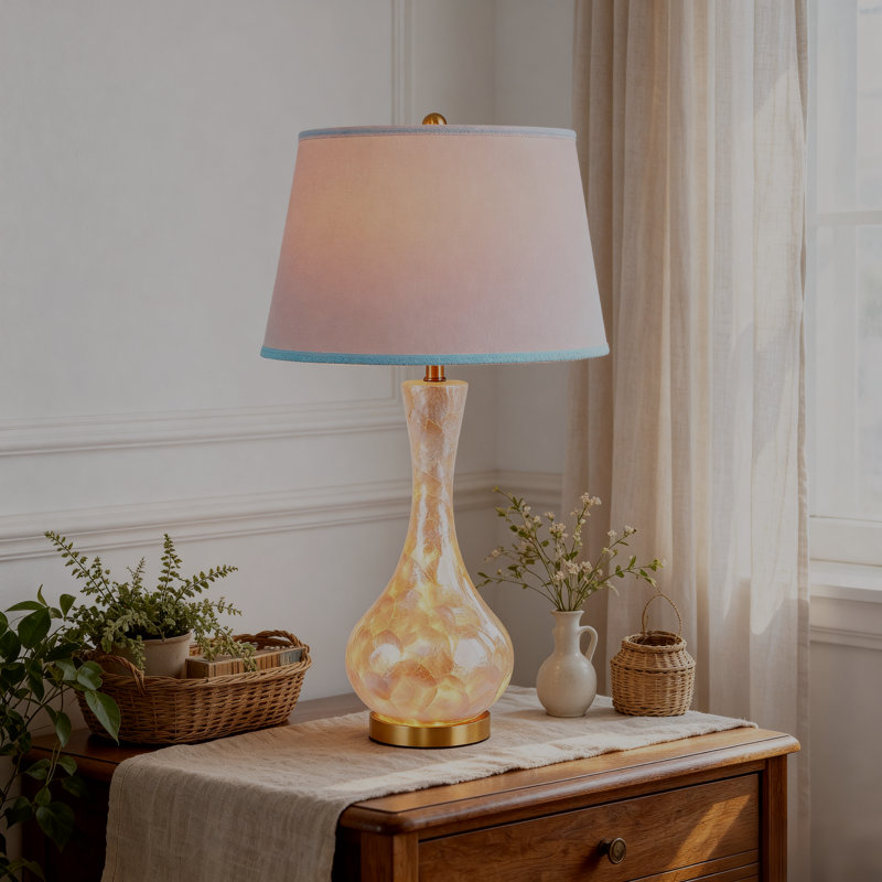 28'' Tall Coastal Shell Table Lamps, 2-in-1 Lighting- Top/ Night Light, 4-Way Control, Decorative Living Room Bedroom Decor, Beach Accent Lamp with White Linen Shade, Handcrafted