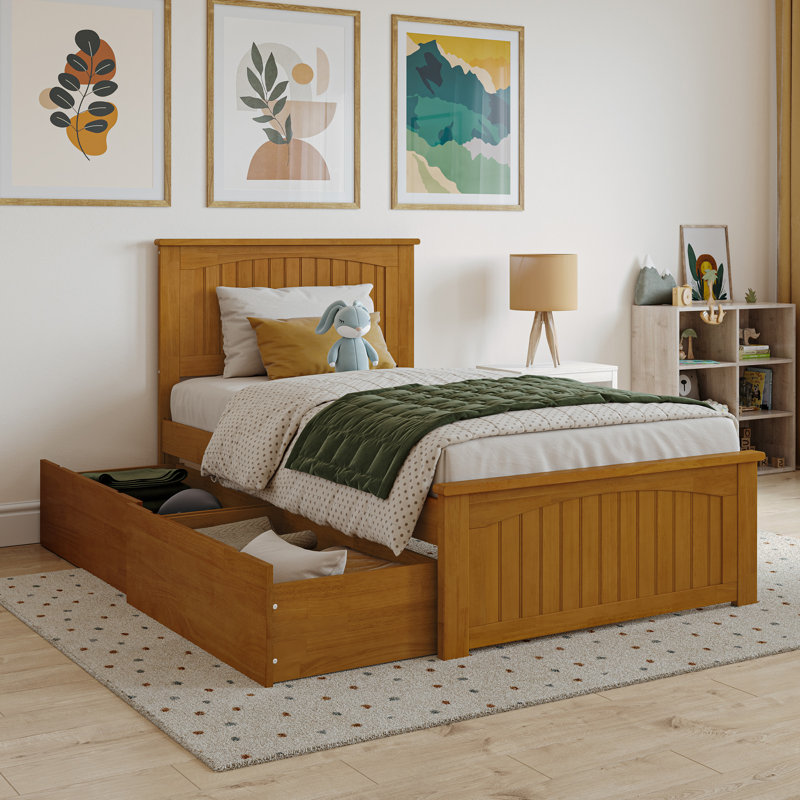 Kindig Solid Wood Coastal Cottage Platform Bed with Matching Footboard and Storage Drawers, Twin, Light Toffee
