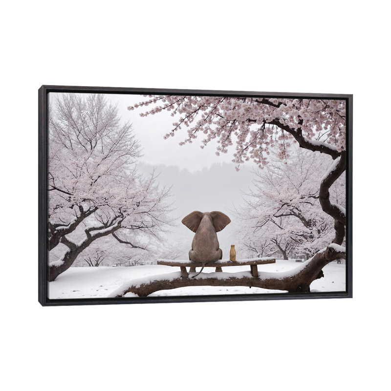 Éléphant et chien assis dans un jardin japonais enneigé - reproduction d'art murale encadrée, Noir patiné, H 26 po x l 40 po