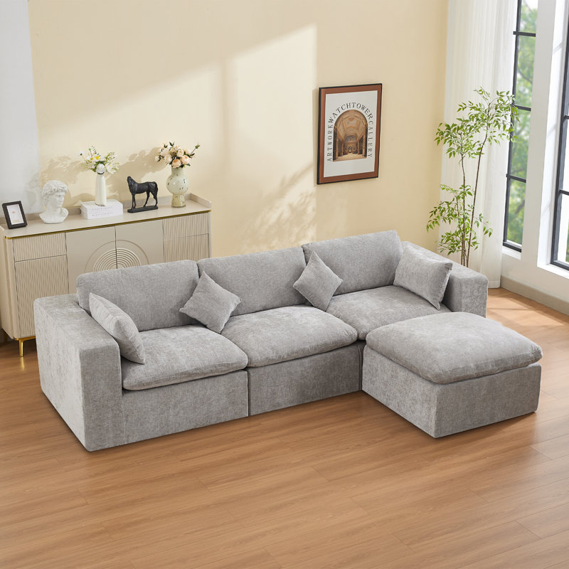 Compression Sectional Couch with Ottoman, 4, Light Gray Chenille