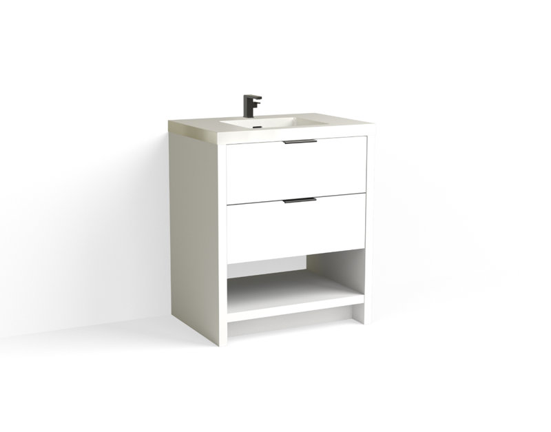 Vue 30" W Freestanding Single Bathroom Vanity, White Nanomatte, Matte White/Single, Matte Black
