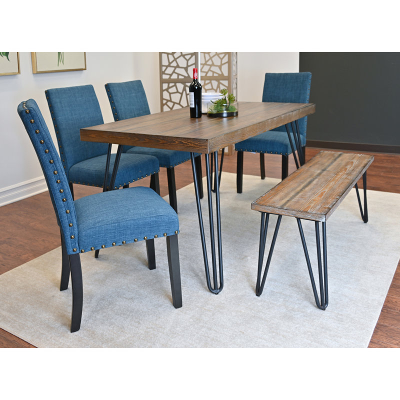 Ensemble de salle à manger Ashzo, table à manger en épingle à cheveux avec chaises, 3 options de couleur, Lin bleu