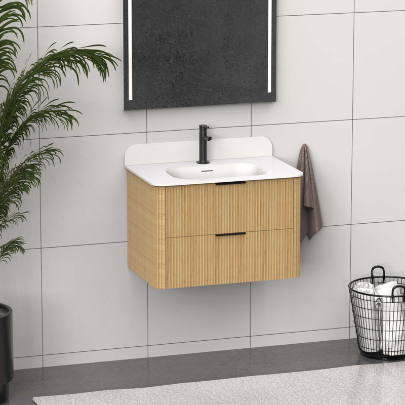 Meuble-lavabo cannelé en chêne doré avec lavabo intégré et quincaillerie noire