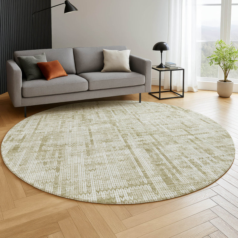 Premium Machine Washable Mayfield AMF2130 Striped Rug, Beige, 8' Round