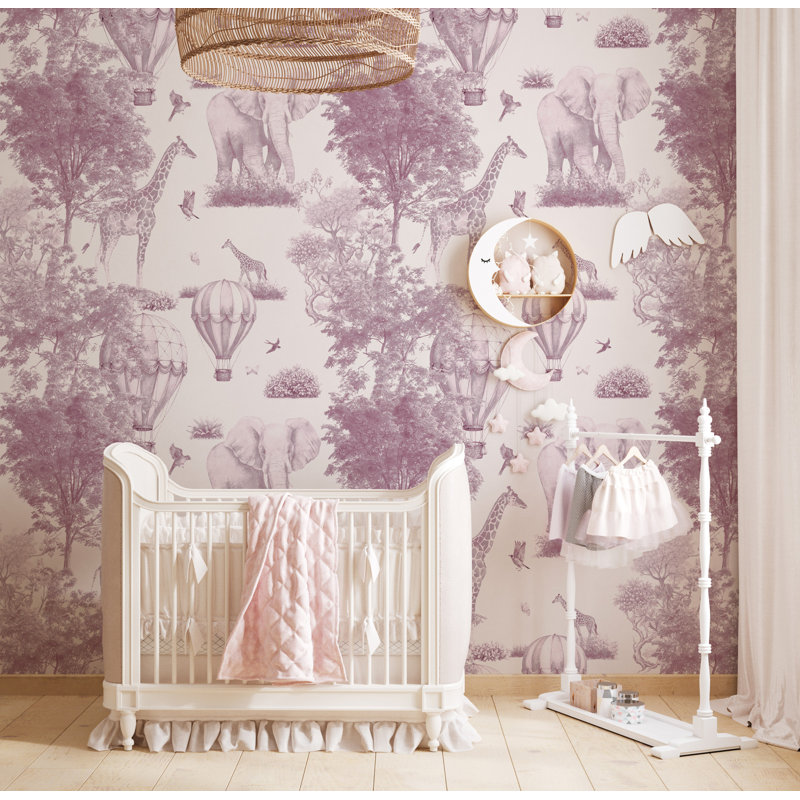 Motif de papier peint pour chambre d'enfant avec animaux safari roses et montgolfières, L 200 x L 110, Vinyle