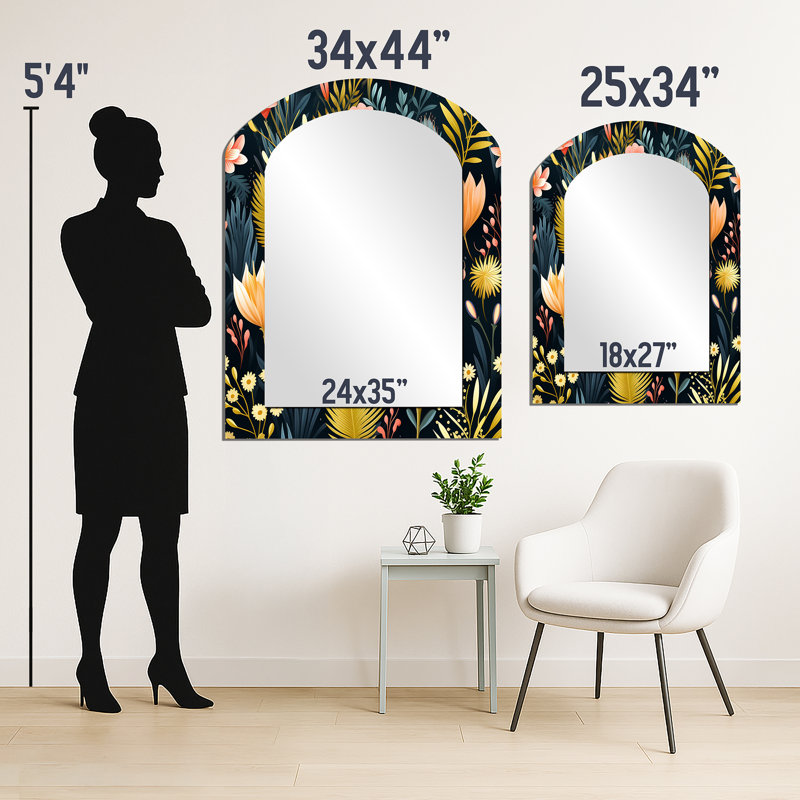 Motif côtier Vibrant Coastal Botanics - miroir asymétrique floral, miroir mural unique arche rose, impression d'art en métal