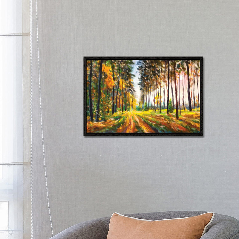 Green And Yellow Leaves On Trees In Woodland by Valery Rybakow - Painting on Canvas, Black Framed Canvas