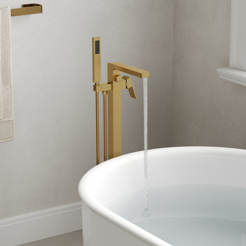 Single Handle Floor Mounted Freestanding Tub Filler Faucet with Diverter, Brushed Gold