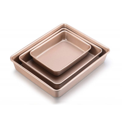 Deep Baking Pans Set Nonstick 3 Piece, Rectangle Cake Pan Stackable Bakeware Set, Champagne Gold Oven Trays 9/11/13 Inch