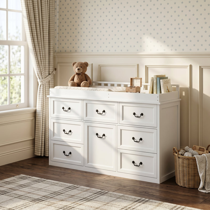Solid Wood Baby Changing Table Dresser With  7 Drawers, Anti-Tip, 3 Colors, White