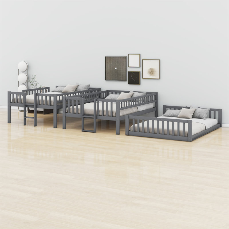 Triple Bed With Built-In Ladder,Slide And Guardrails, Gray