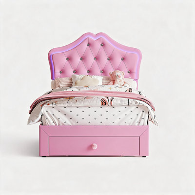 Cadre de lit avec tête de lit à DEL, lit plateforme rembourré garçon / fille, tiroir de rangement, bouton en cristal de velours, silencieux, aucun sommier nécessaire pour les enfants, les adolescents