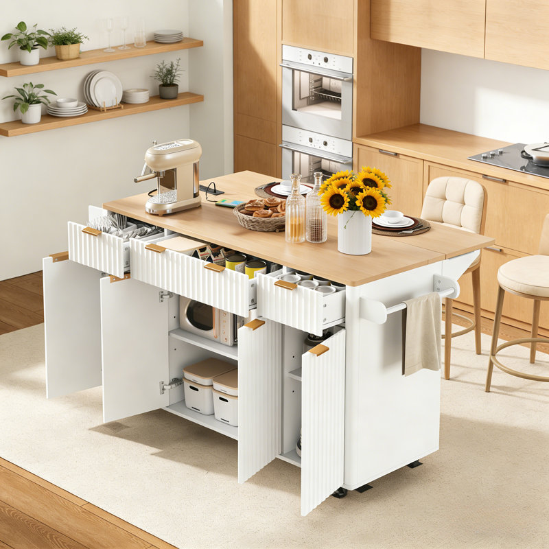 White 55.5" Rolling Fluted Kitchen Island, White/Natural