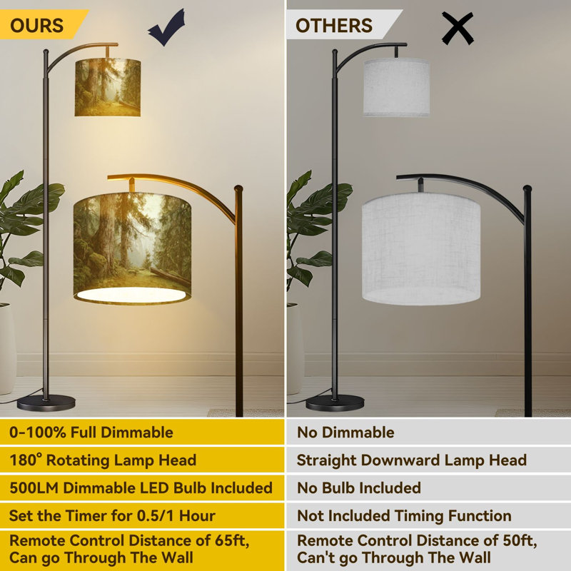  Lampe sur pied à arc avec épinette de forêt naturelle, lumière chaude, soleil levant, grande lampe sur pied moderne, abat-jour réglable en lin à 3 couleurs
