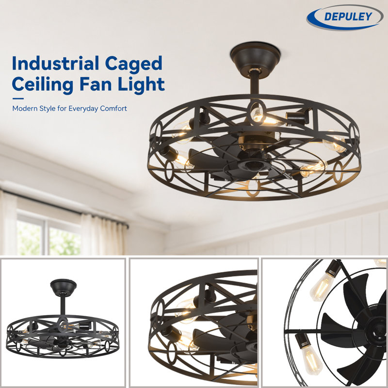 Ventilateurs de plafond 26 po à cage noire avec télécommande d'application pour la chambre à coucher de patio, ventilateur encastré de ferme avec minuterie réversible à 6 vitesses 