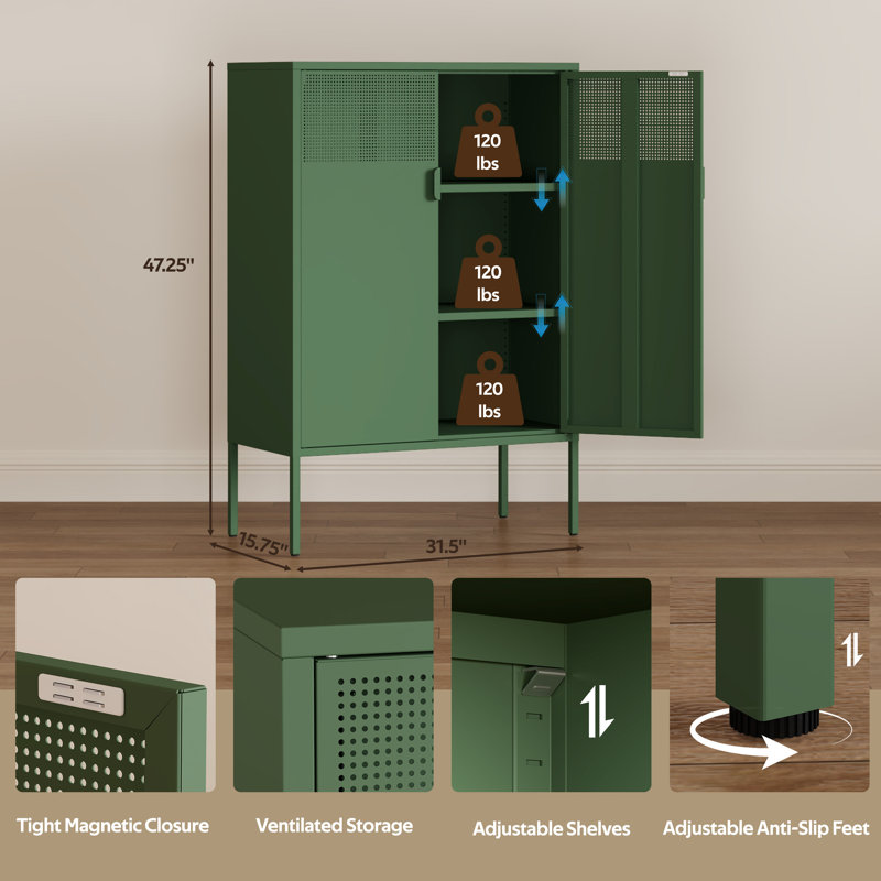 Metal Storage Cabinet,2 Door TV Stand, Metal Mesh Accent Cabinet,Magnetic Door Closure,Low Storage Cabinets with Doors and Shelf for Home,Office,Living Room