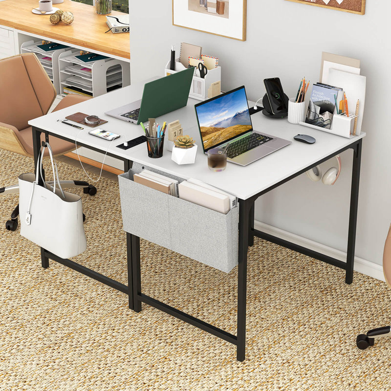 Ebern Designs 32" Meeting Room Desk Set Of 2 With Charging Station & Headphone Hook Metal Frame White