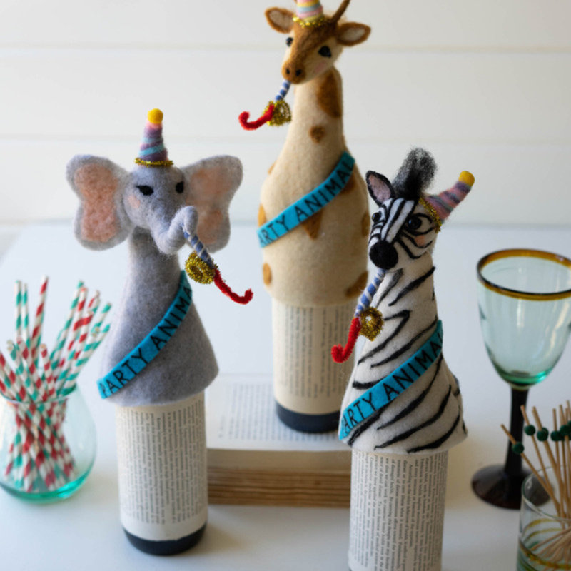 The Holiday Aisle® Set Of 3 Modern Felt Party Animal Bottle Toppers In Multicolor
